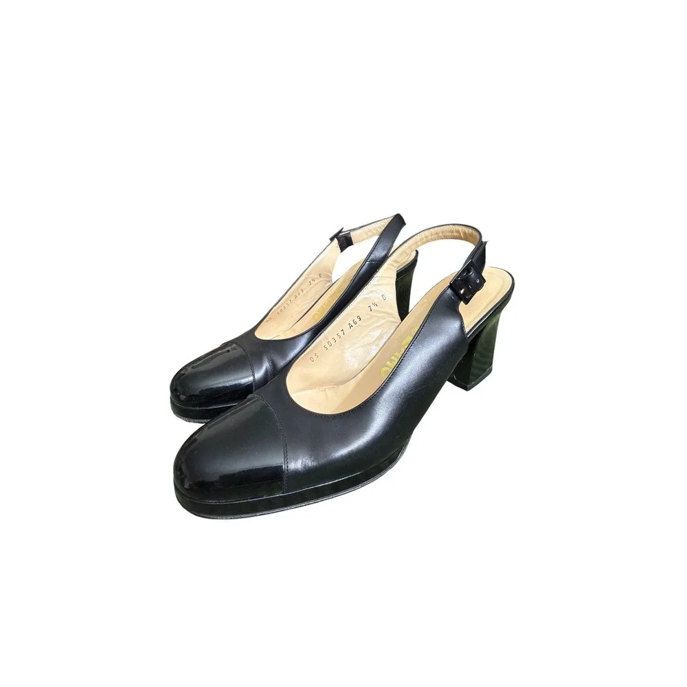 Salvatore Ferragamo Black Leather Patent Cap Toe Slingback Pumps Heels 7.5 B - Picture 2 of 6